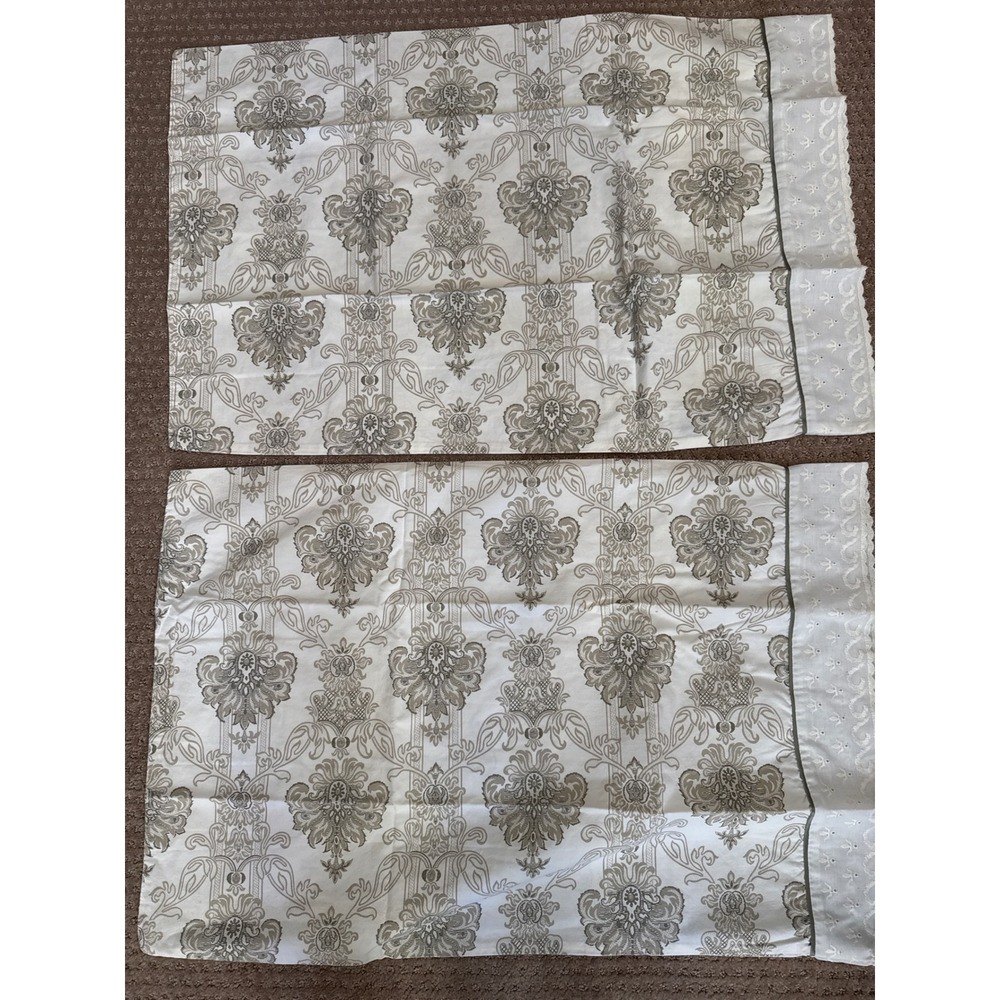 Hollander Damask Pillowcase Set 2 Standard 100% Cotton Eyelet Lace Trim Taupe